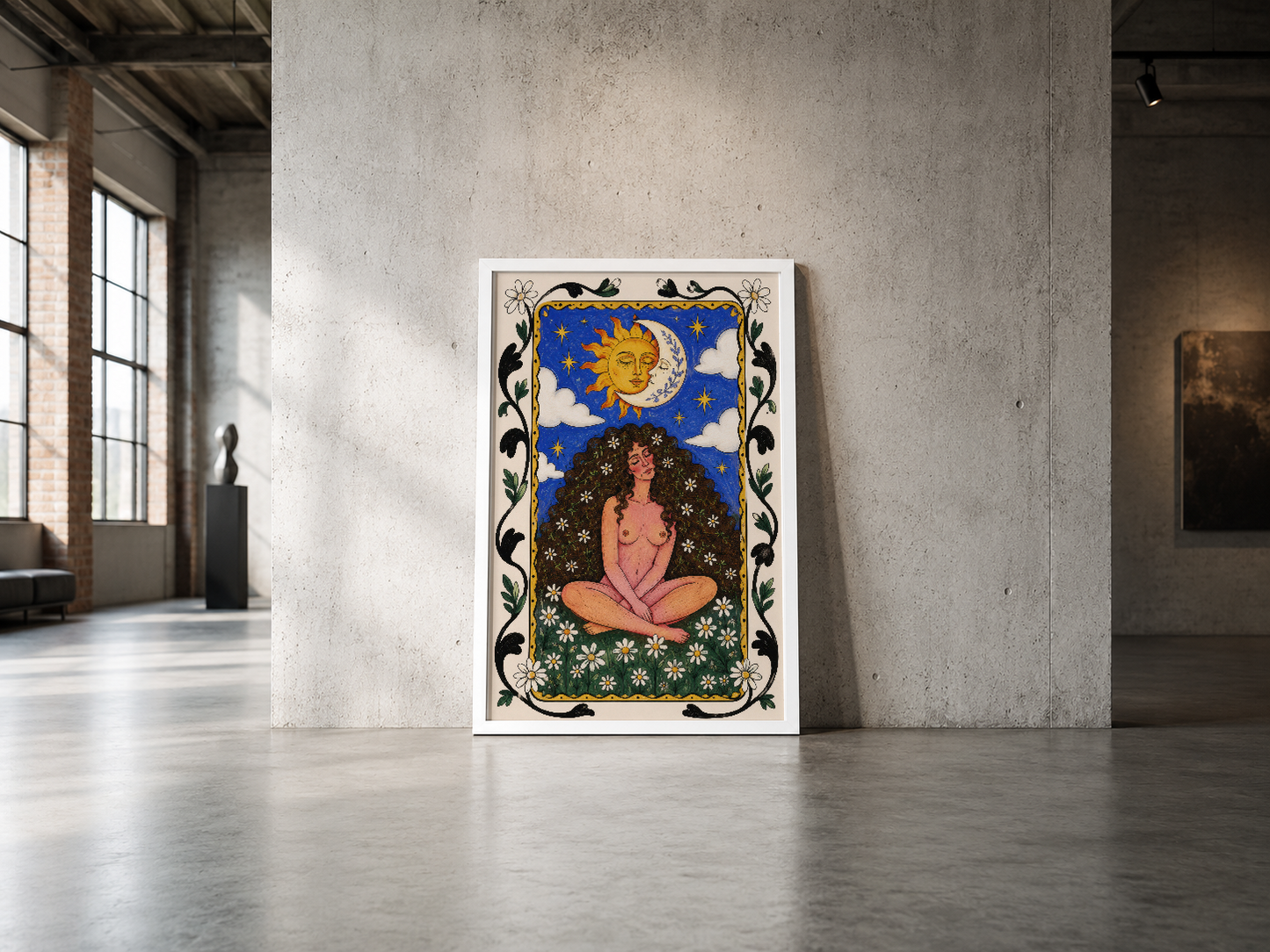 Kontrastlı siyah çerçeveli duvar posteri, meditasyon figürü ve gökyüzü motifleri, modern endüstriyel mekan tasarımı.
