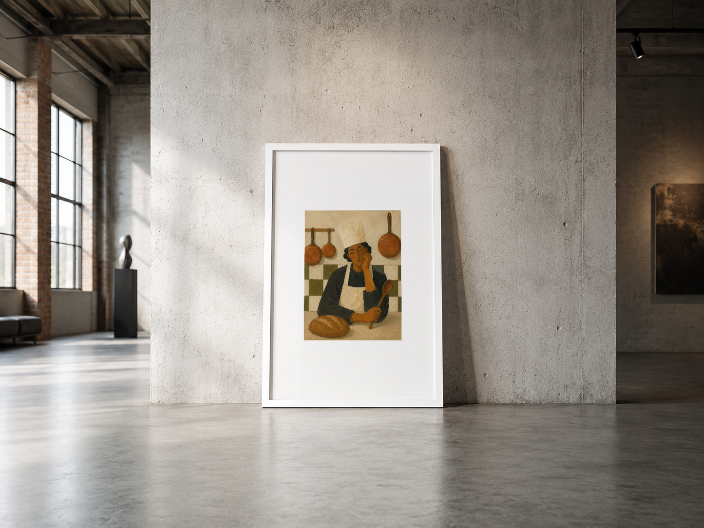 Endüstriyel alanda beyaz çerçeveli, klasik mutfak görünümlü sanat tablosu.