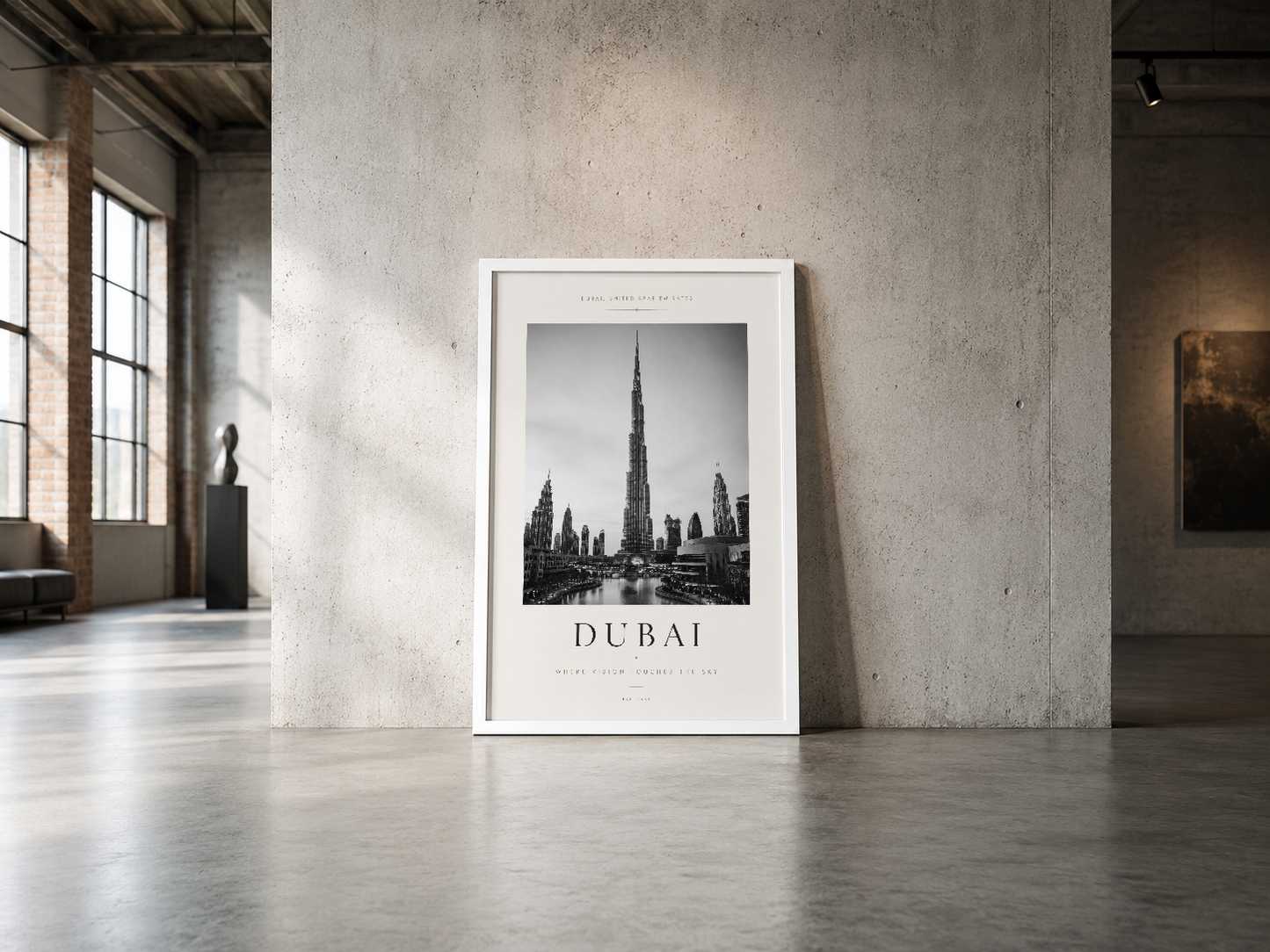 Dubai şehrinin dramatik siyah beyaz fotoğrafı, beyaz çerçeveli poster, endüstriyel mekanda.
