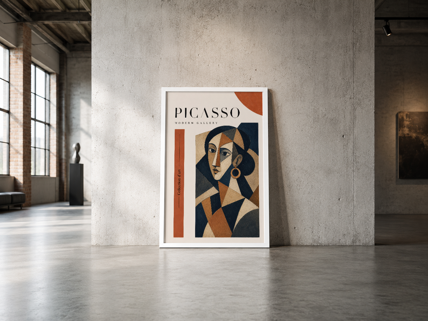 Picasso Modern Gallery posteri, kübist tarzı portre, endüstriyel beton duvar dekorasyonunda şık duruş.
