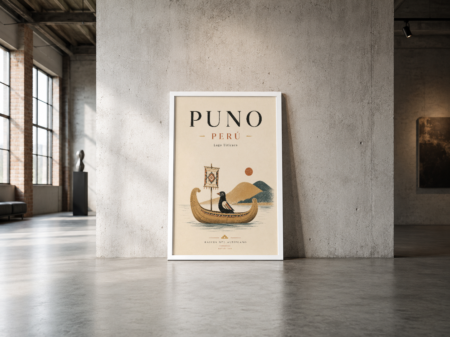 Puno Peru tasarımlı sanat tablosu, beyaz çerçeveli, endüstriyel gri betonun önünde yer alıyor.