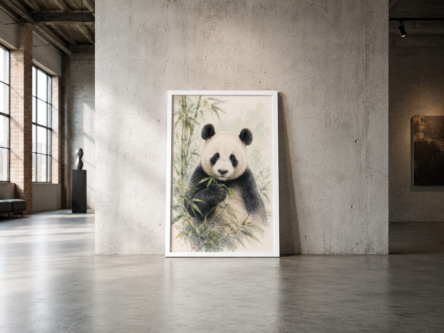 Hassas suluboya tekniğiyle çizilen panda başı, beyaz çerçevede endüstriyel mekan dekorasyonuna zarafet katan duvar tablosu.
