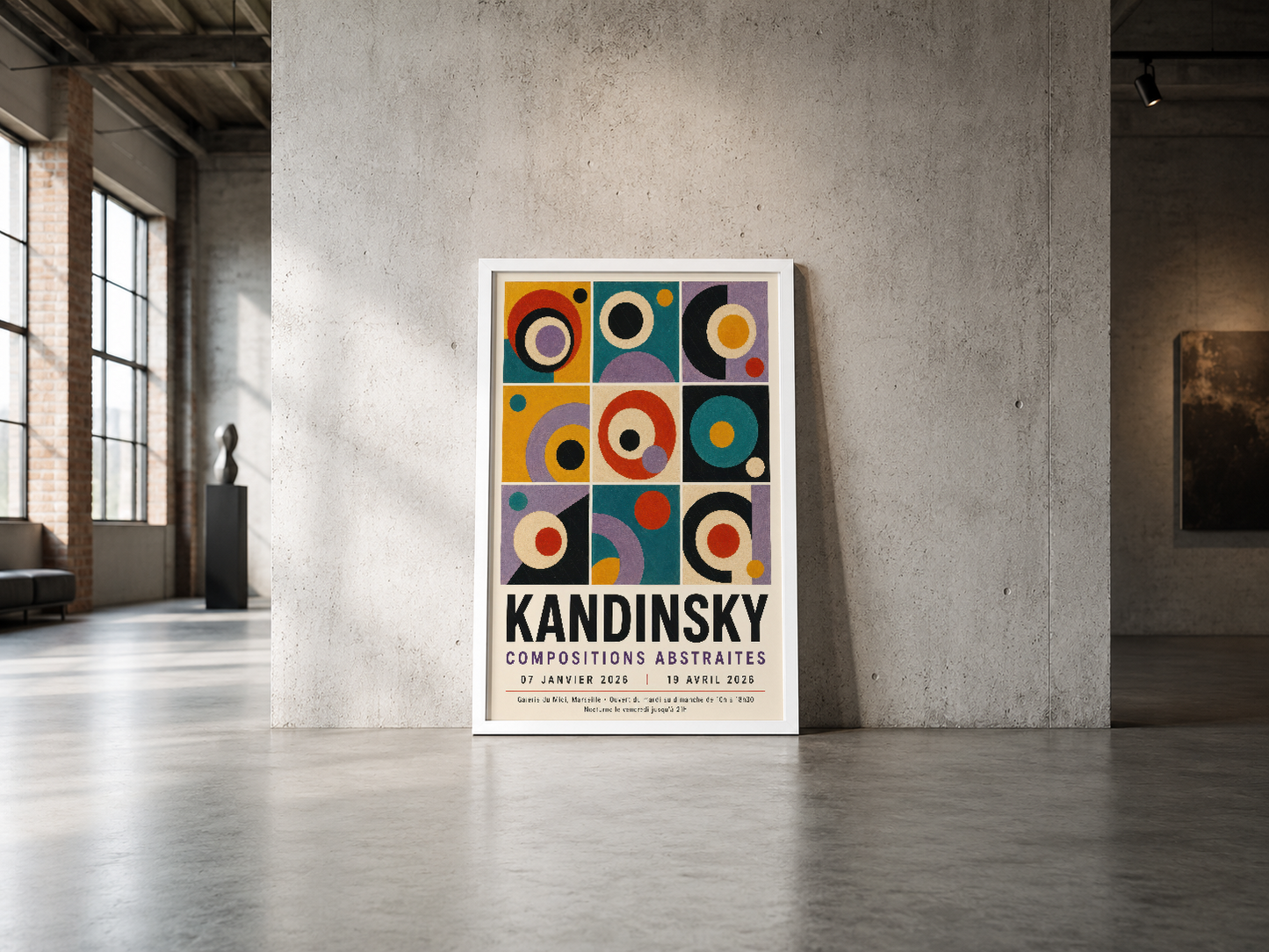 Kandinsky Compositions Abstraites posteri, endüstriyel mekan duvarında canlı renk ve geometrik deseniyle öne çıkar.