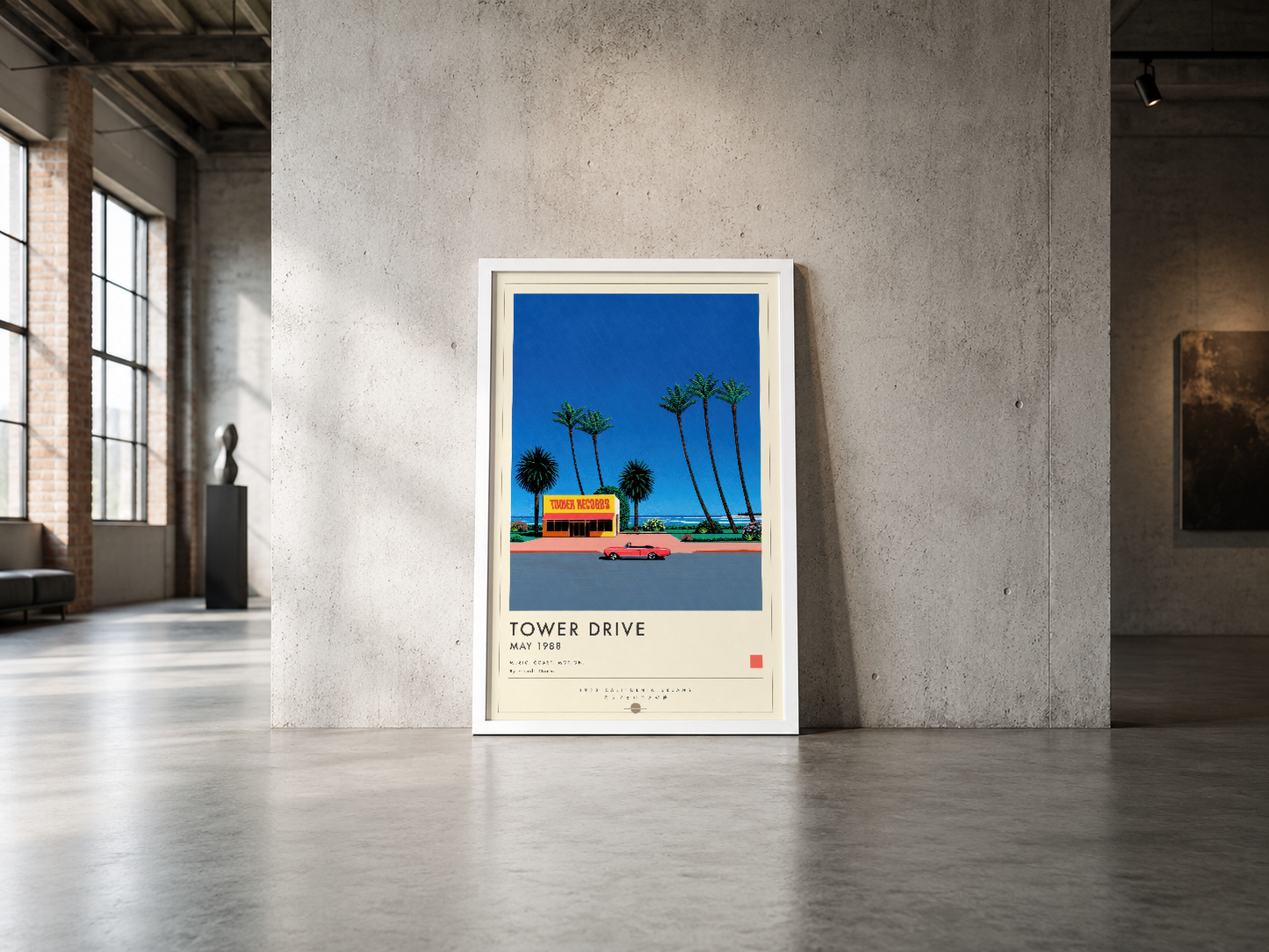 Hindistan cevizi palmiyelerinin gölgesinde, 1988 tarihli Tower Drive posterinin minimalist pop art yorumu.