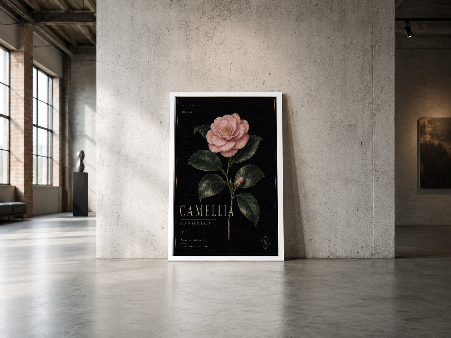 Detaylı kamelya japonica baskısı beyaz çerçevede, endüstriyel mekanın minimalist duvarını adayan sanatsal poster.