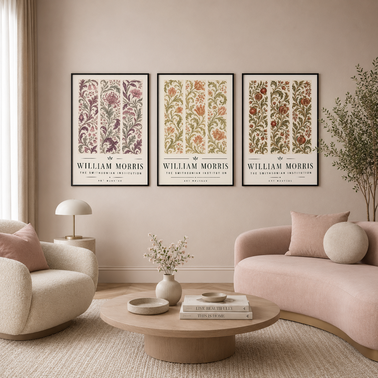 William Morris botanik desenli üç panel poster, sıcak renklerde, minimalist oturma odasında sergileniyor.