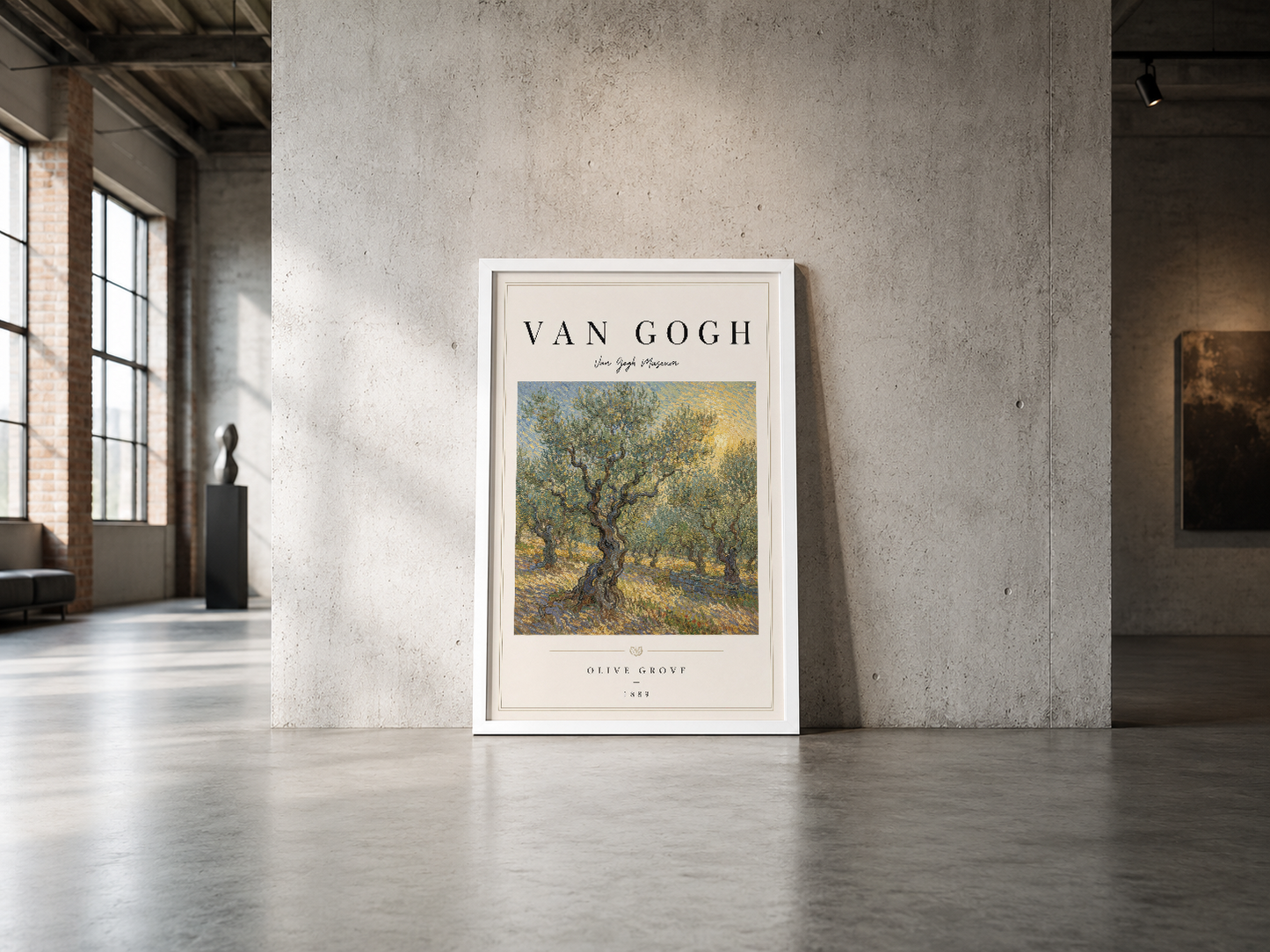 Van Gogh Olive Grove posteri beyaz çerçevede, endüstriyel mekânda minimalist sanat sunumu.