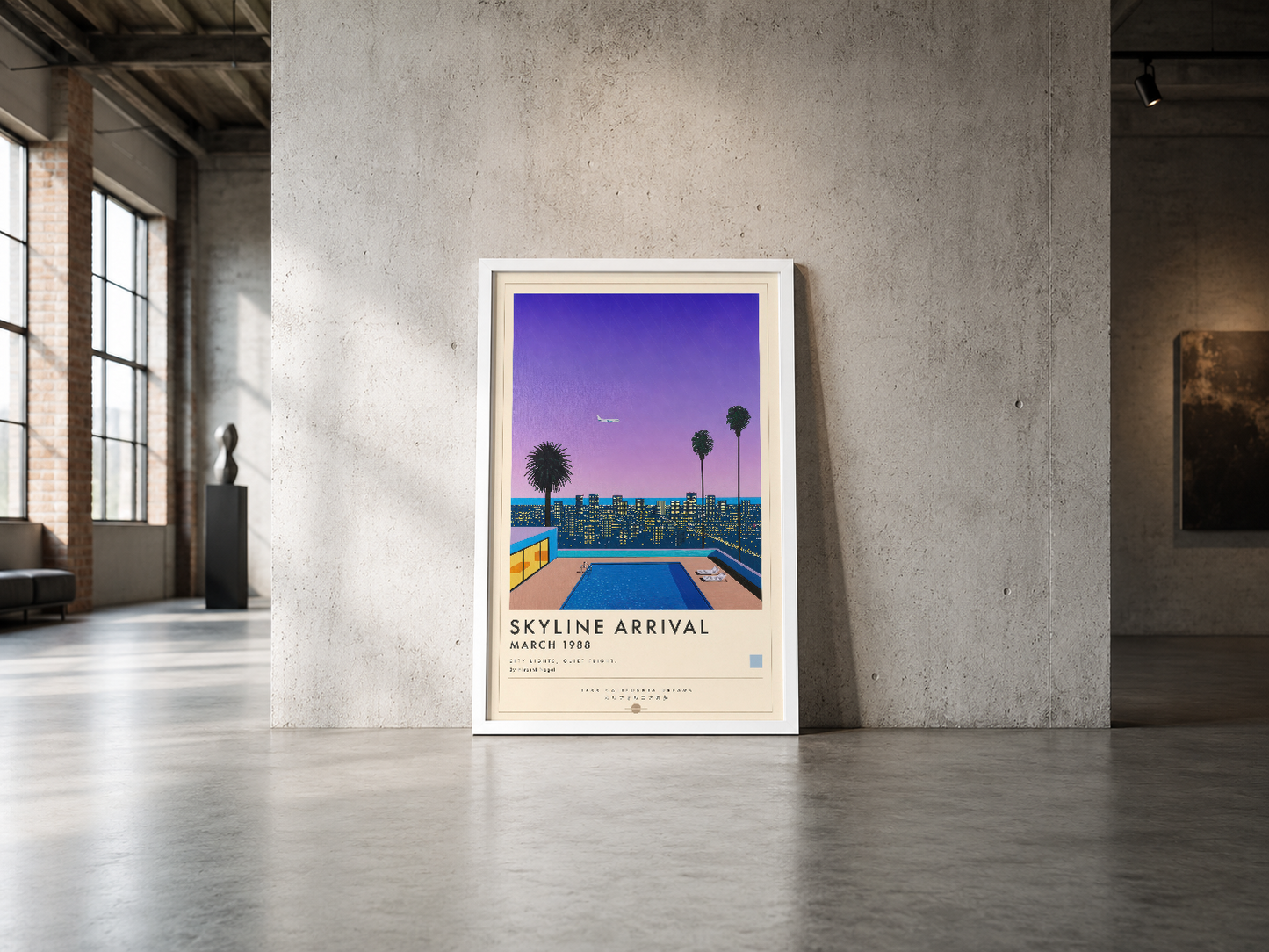 1988 tarihli klasik poster stiliyle tasarlanmış mor-pembe tonlu şehir skyline tablosu.