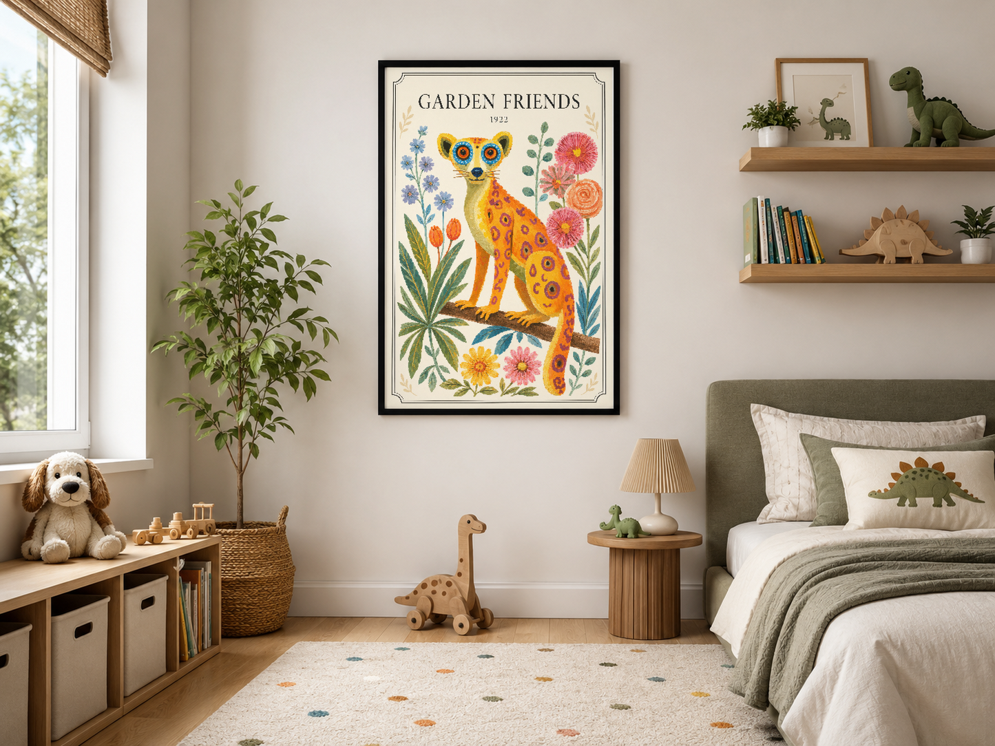 Renkli botanik motifli leopar tablosu, siyah çerçevede modern oturma odasının duvarında sanat aksesuarı olarak sergileniyor.