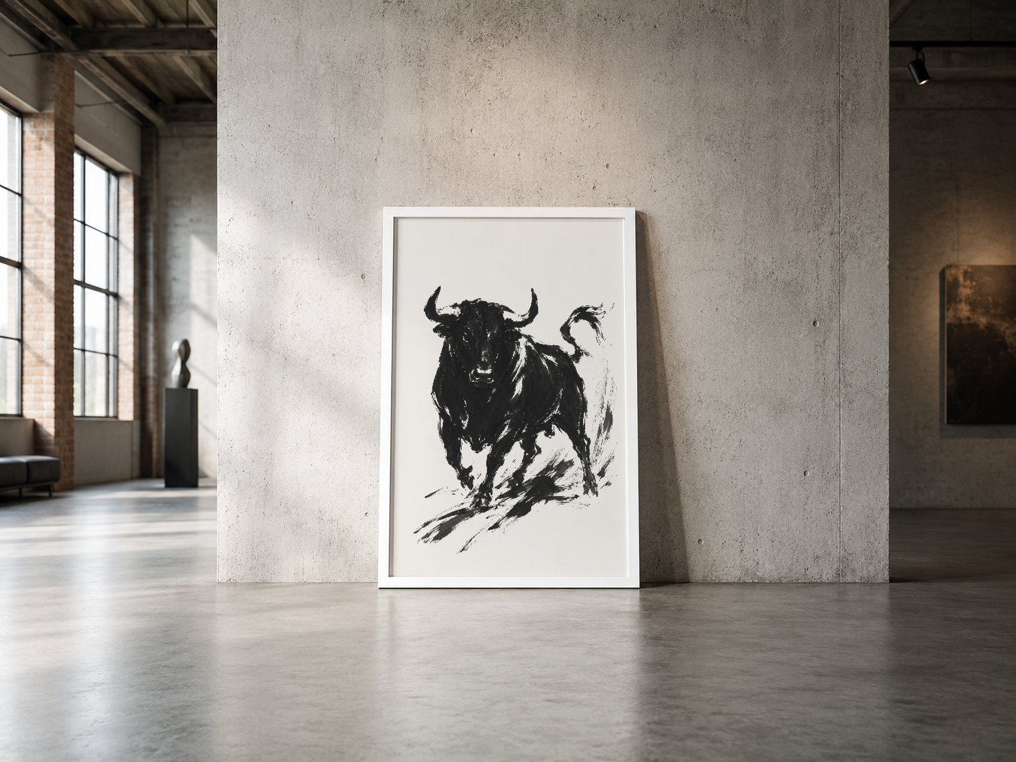 İtici hareketiyle çizilmiş boğa portresi, beyaz çerçeveli poster endüstriyel beton duvarın karşısında cesur ve minimalist