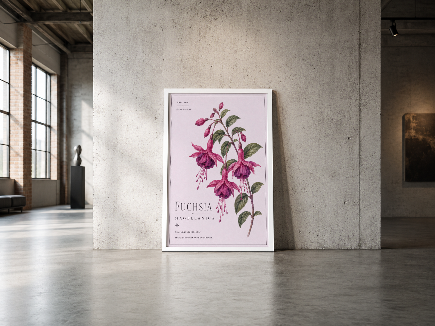 Fuchsia magellanica botanical poster, beyaz çerçeveli, endüstriyel mekanda minimalist duvar dekorasyonu.