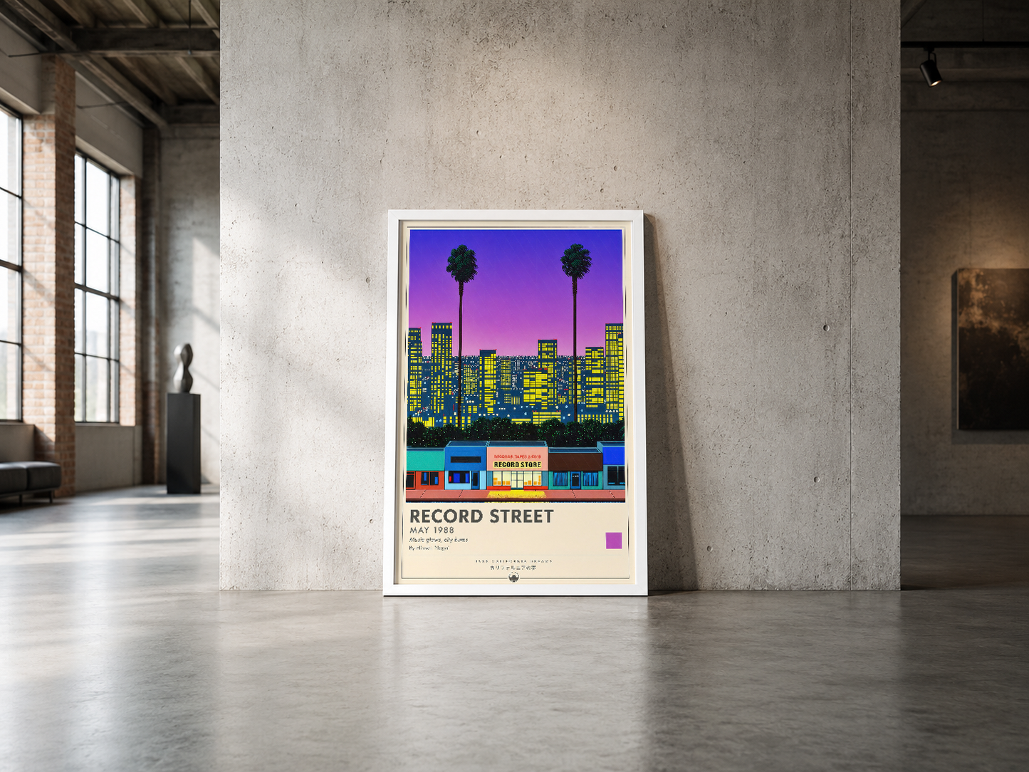 Neon pembemsi gökyüzü altında palmiye ve aydınlı binalarla tasarlanmış Record Street vintage poster.
