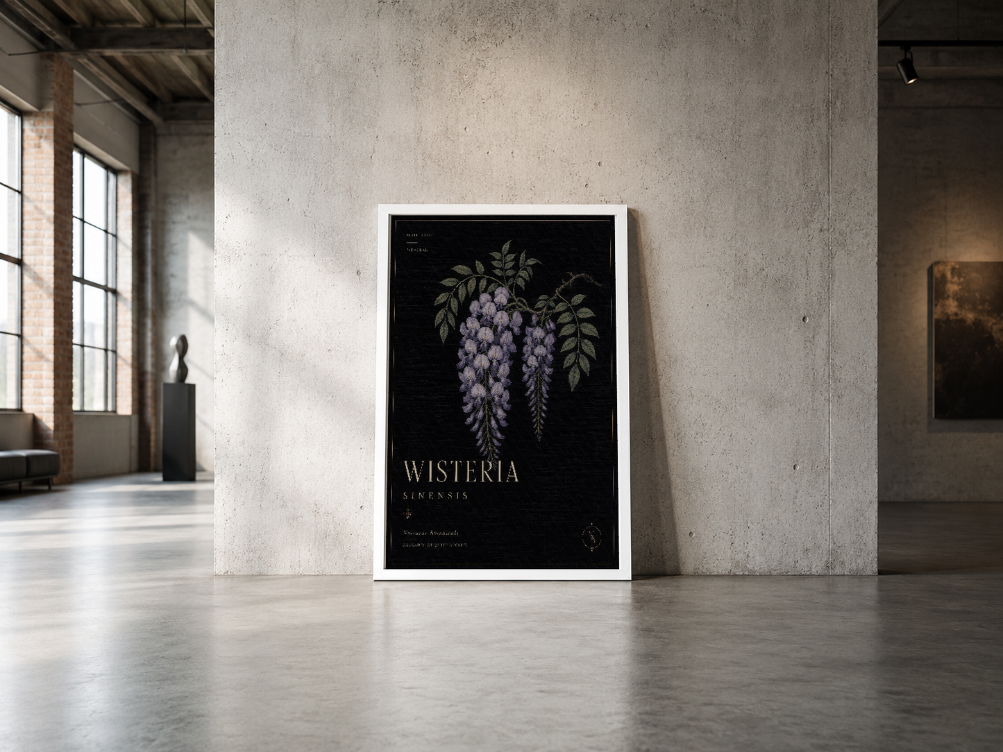Wisteria poster, beyaz çerçeveli, endüstriyel betonlu mekanda modern minimalist görünümü.