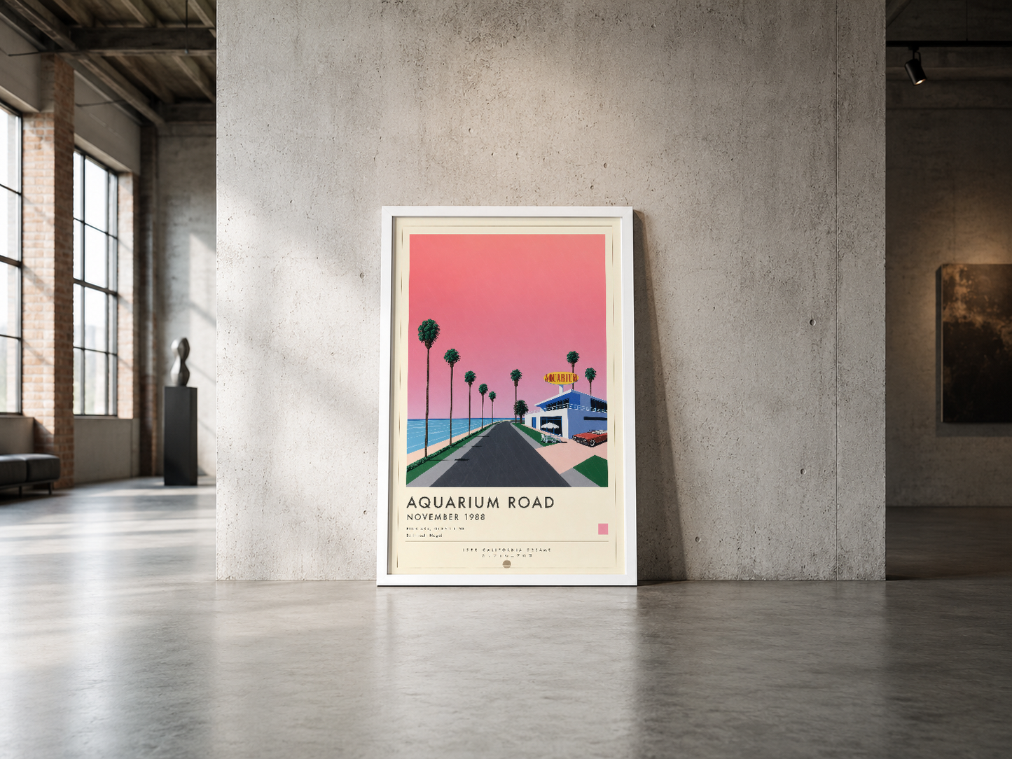 1988 tarihli Aquarium Road vintage posteri, parlak pembe arka plan ve geometrik tasarımla minimalist estetik sunuyor.