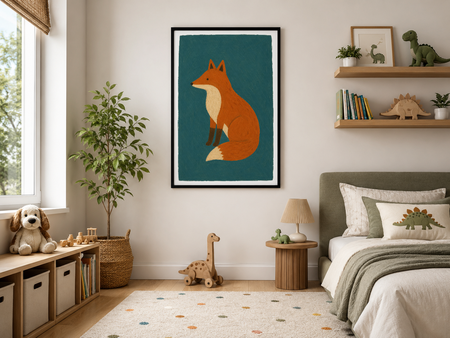 Siyah çerçeveli turuncu tilki posteri, modern yaşam alanında duvar dekorasyon olarak sergilenen minimalist tasarım.