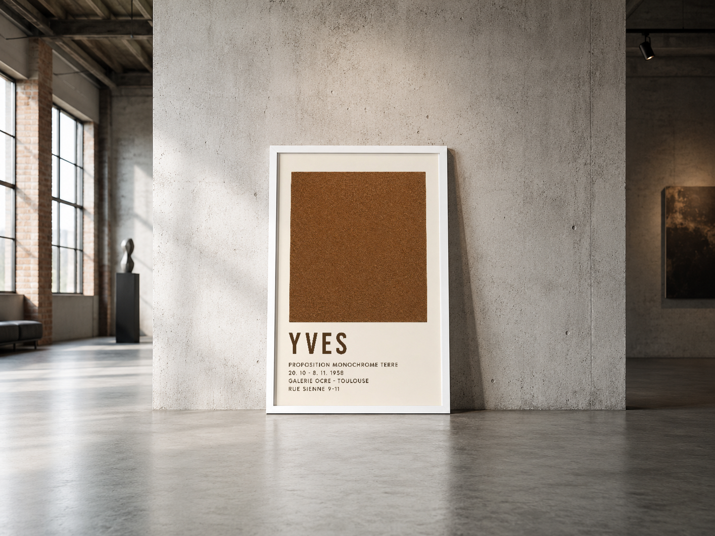 Beyaz çerçeveli YVES posteri, endüstriyel beton duvarlar ve geniş penceresi olan loft alanında sergileniyor.