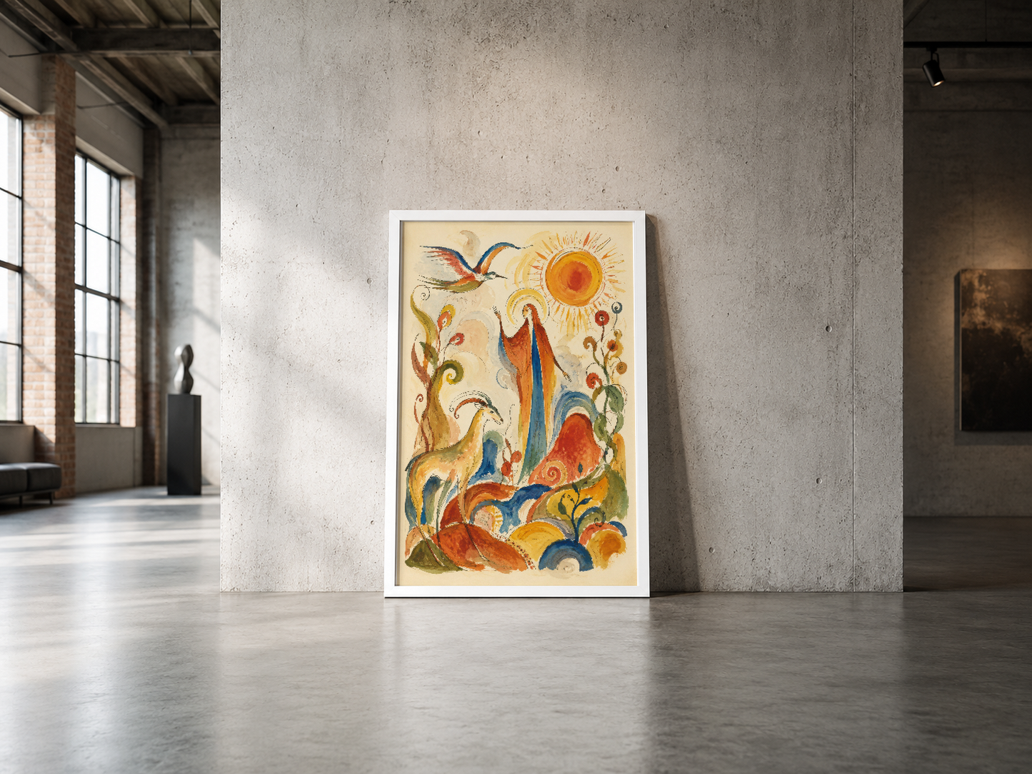Canlı hayvan ve botanik desenli sanat tablosu, beyaz çerçevede endüstriyel mekanda sergileniyor.