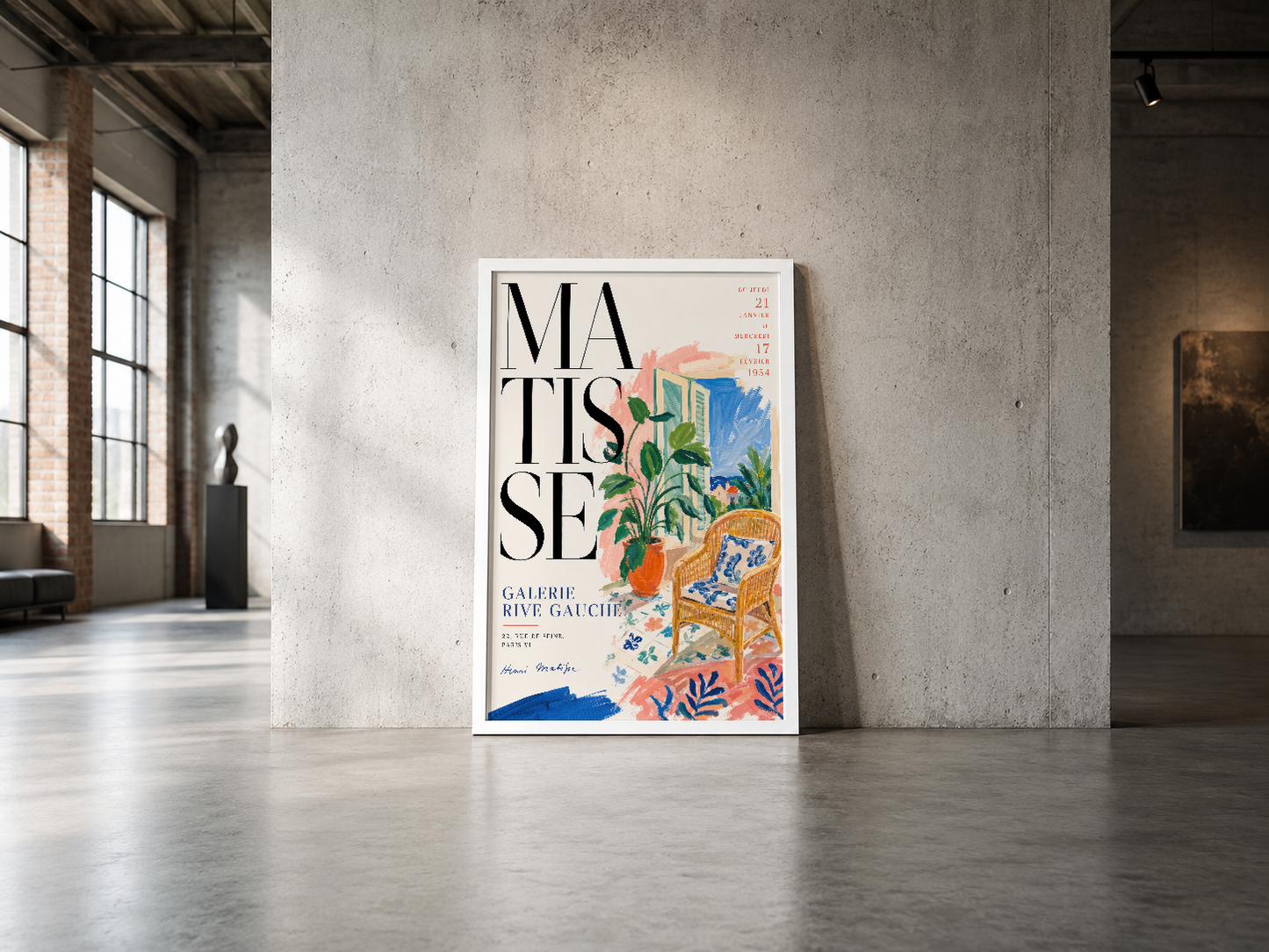 Matisse galeri afişi, canlı renkler ve sanatsal tipografi ile tasarlanmış dekoratif duvar tablosu.