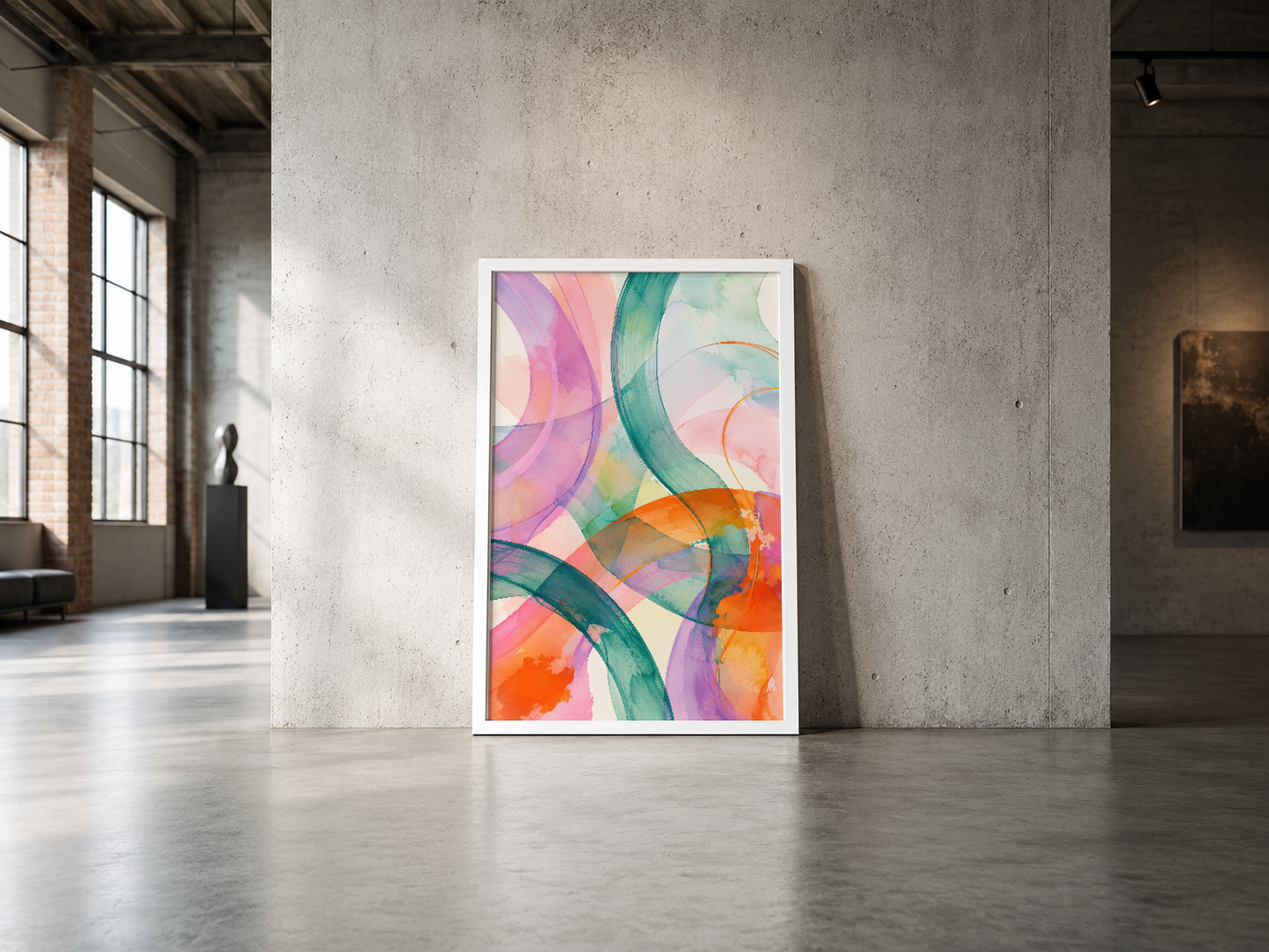 Pastel tonlarında geometrik eğrileri harmoniyle birleştiren büyük format sanat tablosu beyaz çerçevede.