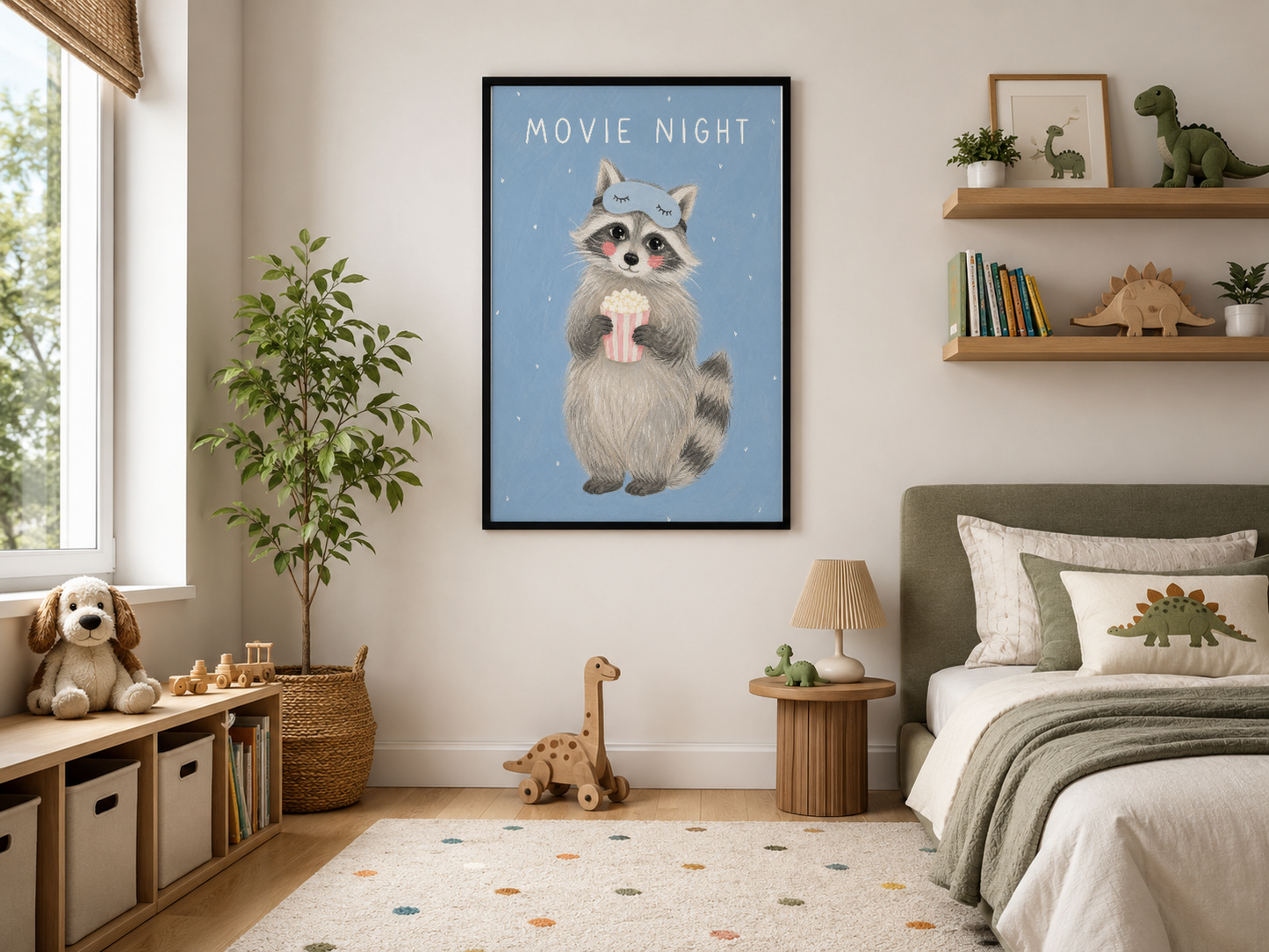 Movie Night yazılı, şirin rakunlu mavi poster, siyah çerçeveli, modern çocuk yatak odasının duvar dekorasyonunda.