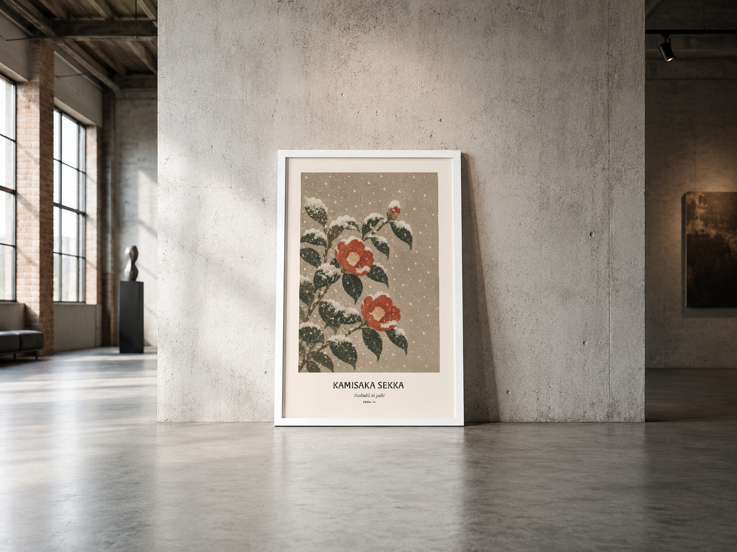 Kamisaka Sekka çiçek motifleri içeren poster, beyaz çerçeveli, endüstriyel beton duvara karşı durumu ile minimal dekorasyon