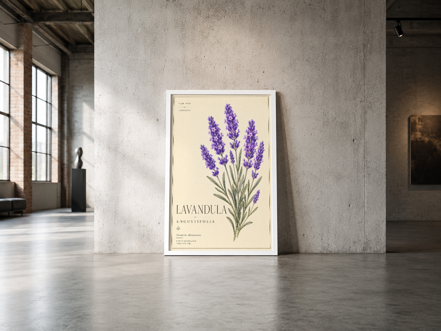 Lavanta angustifolia çizimi, beyaz çerçevede endüstriyel mekanda minimalist dekorasyon öğesi olarak öne çıkıyor.
