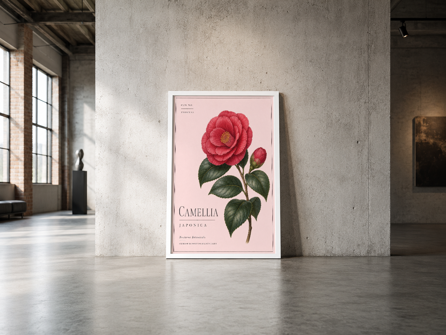 Vintage botanik kamelya baskısı, beyaz çerçeveli poster şeklinde endüstriyel mekanda sergilenen şık dekorasyon elemanı.