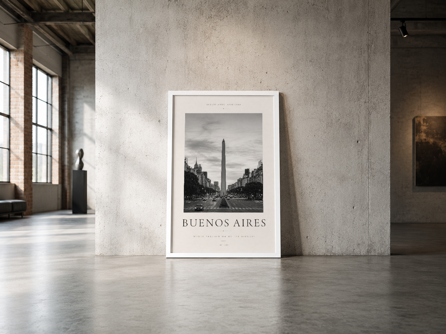 Buenos Aires Obelisks kentsel manzarası beyaz çerçeveli poster, endüstriyel stil beton duvarda minimalist sergileme.