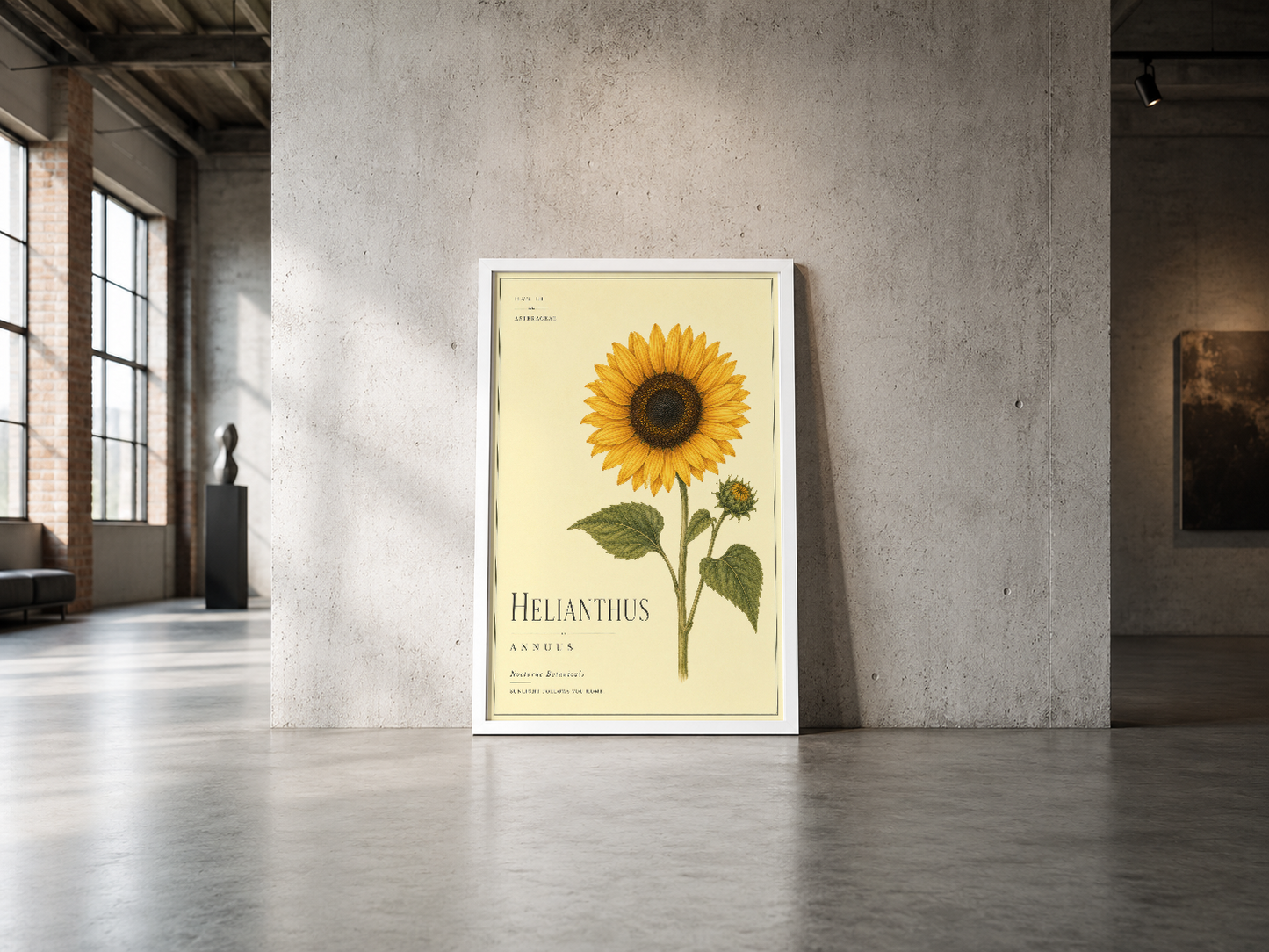 Helianthus annuus botanik tablosu, beyaz çerçeveli, endüstriyel minimalist mekan içinde sergilenen sanat.