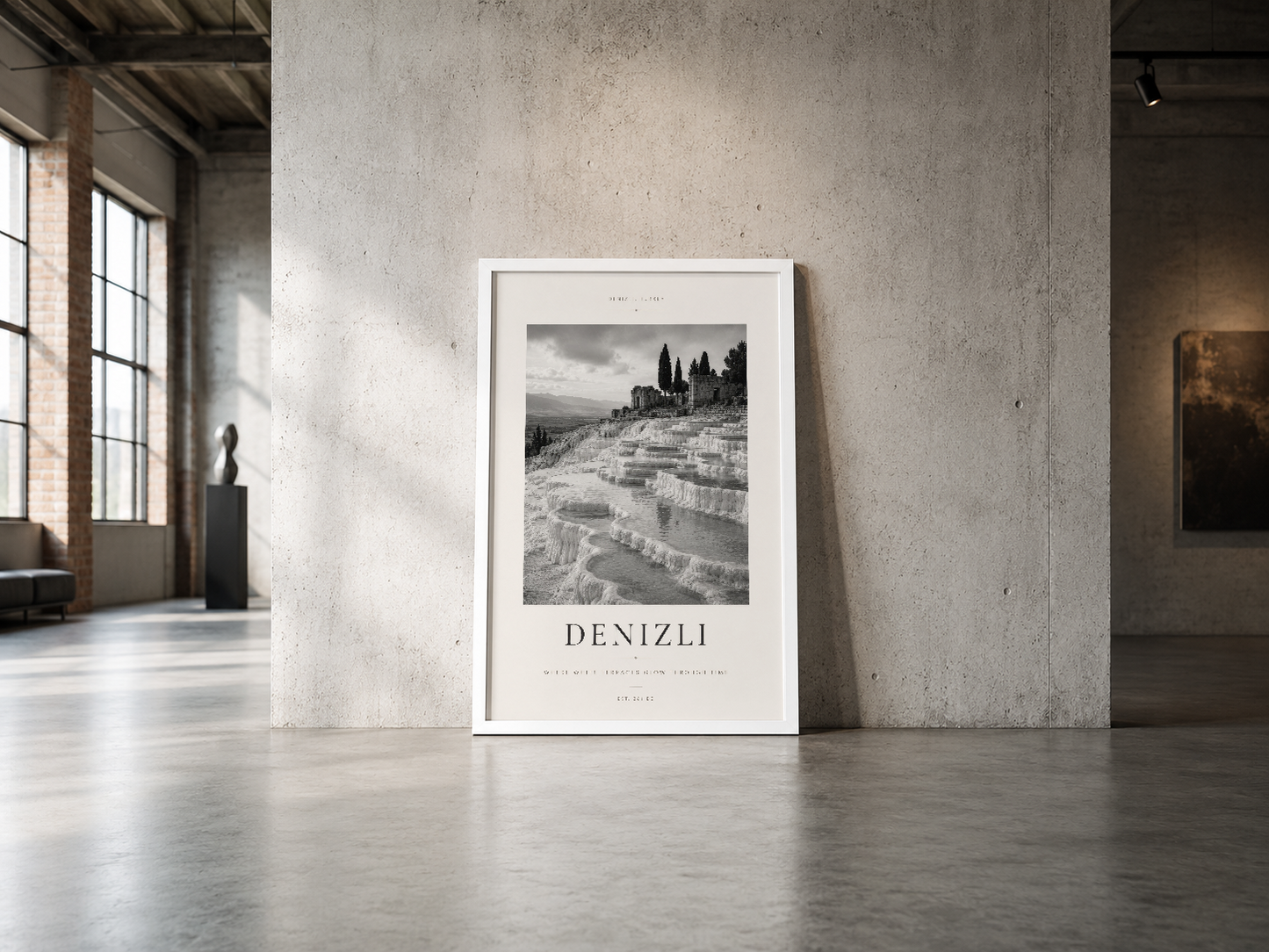 Denizli Pamukkale'nin doğal güzelliğini gösteren minimalist tasarım poster, beyaz çerçeve içinde endüstriyel mekan.