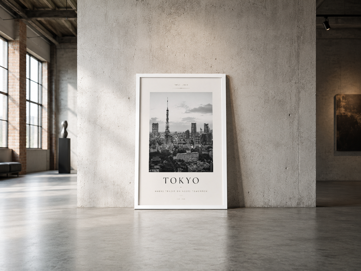 Tokyo skyline minimalist poster, beyaz çerçevede, endüstriyel loft alanında sanatsal dekorasyon.