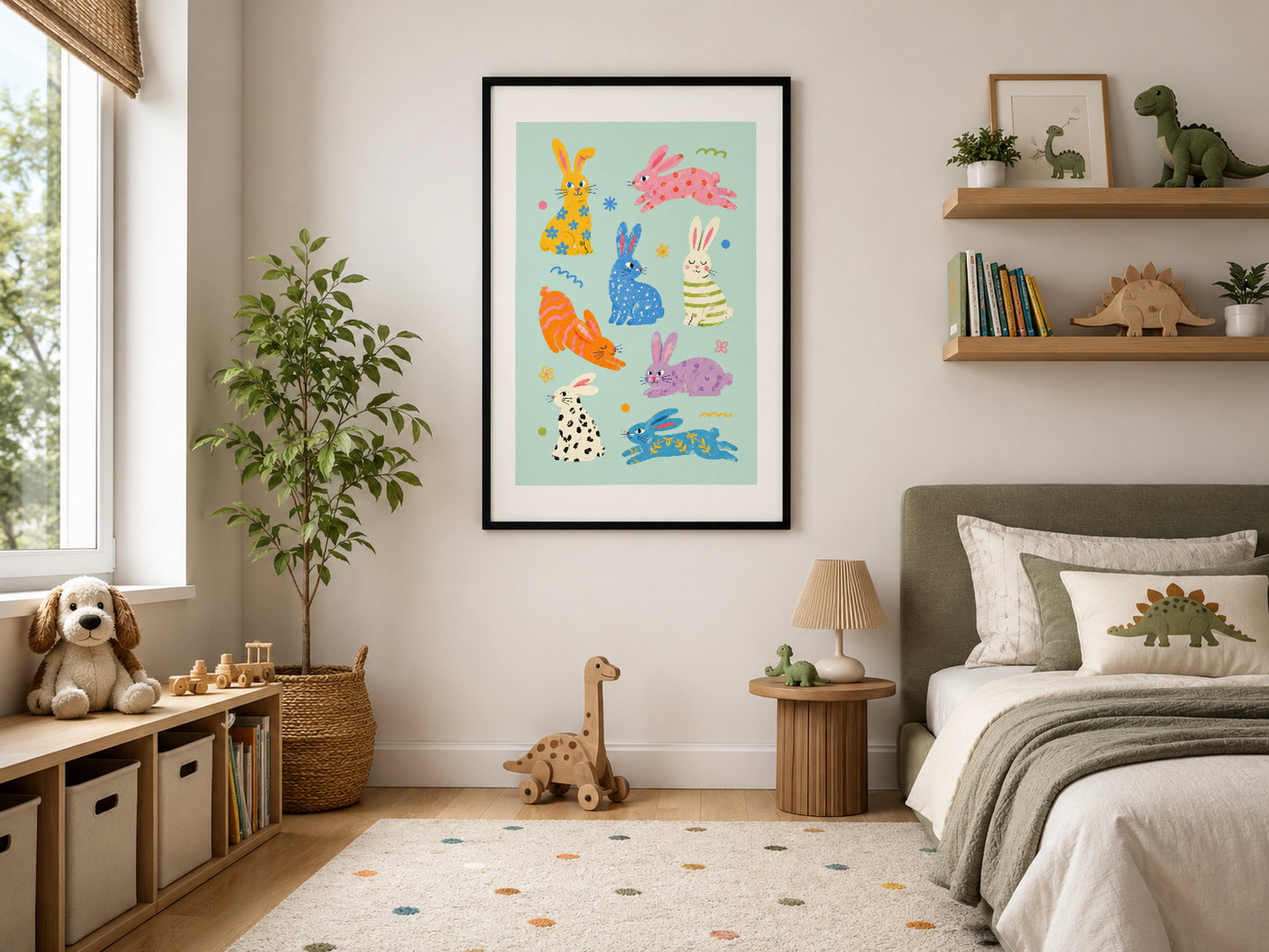 Siyah çerçeveli modern çocuk odası posteri, eğlenceli hayvan karakterleriyle dekoratif duvar sanatı.