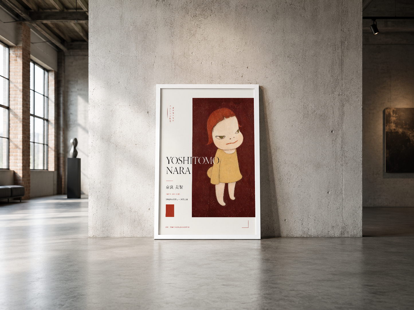 Yoshi Tomo Nara imzalı, sarı elbiseli çocuk karakteri ve kırmızı ton arka plan içeren modern poster, beyaz çerçeveli.