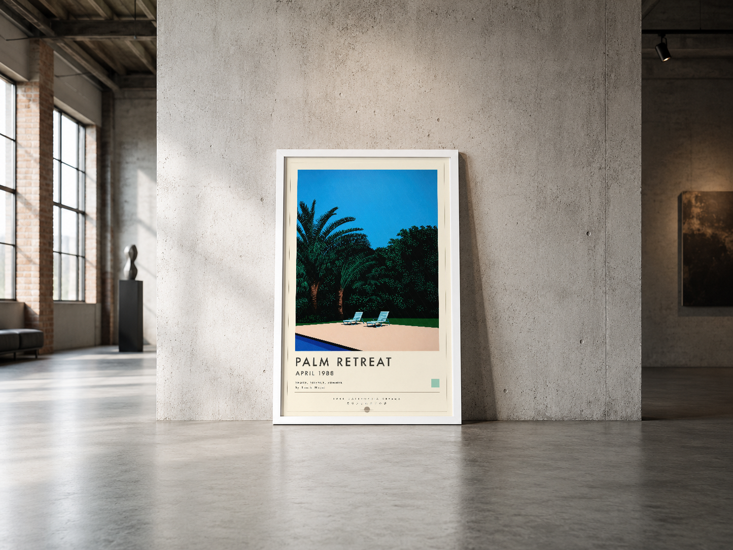 Palm Retreat vintage posteri, beyaz çerçevesiyle endüstriyel mekanda minimalist bir dekorasyon aksesuarı.