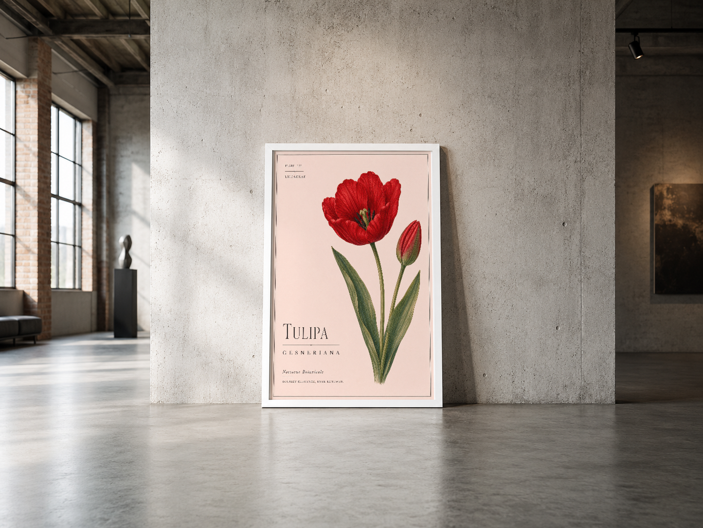 Vintage botanik illüstrasyonlu lale posteri, beyaz çerçeveli, endüstriyel loft ortamında sergileniyor.
