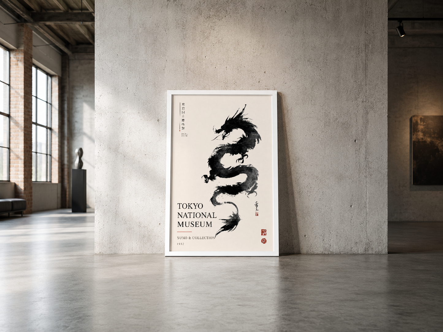 Minimalist beyaz çerçeveli ejderha posteri, endüstriyel mekânda kültürel elegans ve sanat koleksiyonu vurgular.