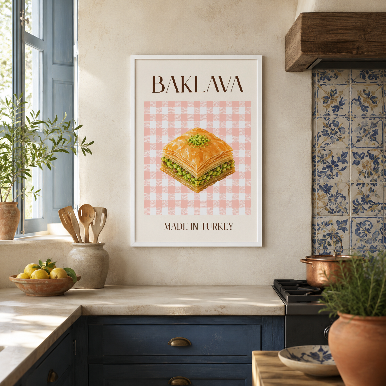Baklava posteri beyaz çerçevede, vintage mutfak ortamında tezgah duvarında, doğal ışık içinde sergileniyor.