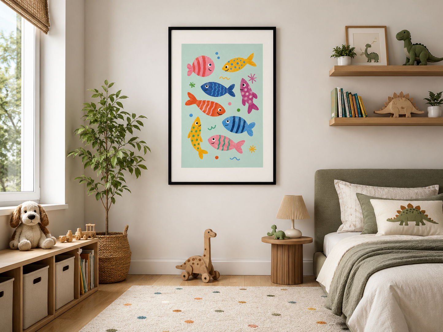 Neşeli balık illüstrasyonlu poster, siyah çerçeveli, modern çocuk yatak odasının duvarında.