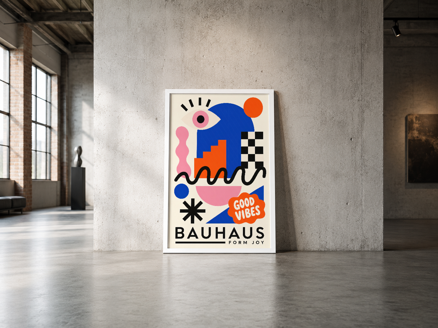 Neşeli renkli Bauhaus Good Vibes posteri, endüstriyel tarzda beton duvarda asılı halde.