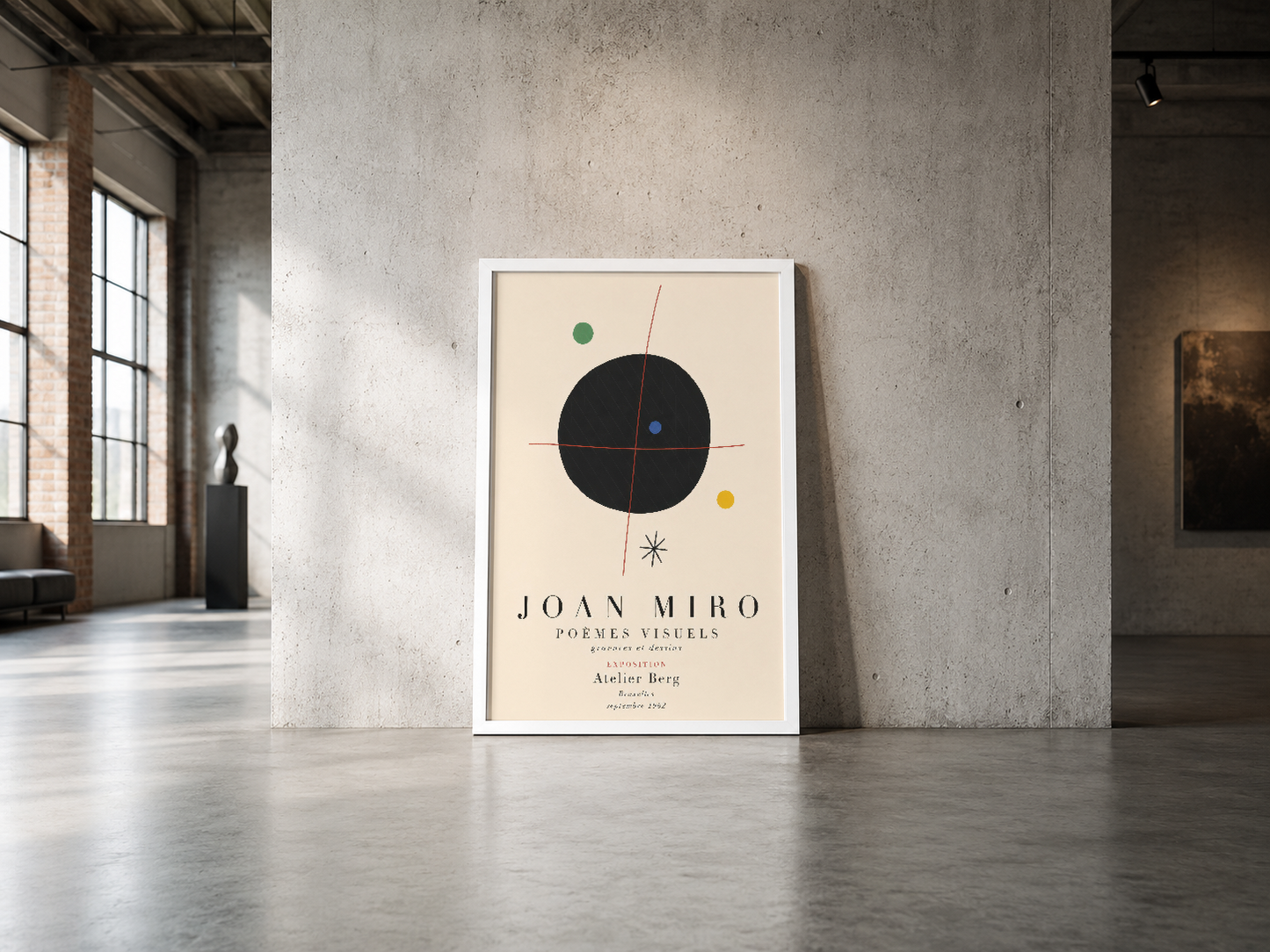 Joan Miro Poemes Visuels sanat posteri, endüstriyel iç mekanda zarif minimal estetik yaratıyor.
