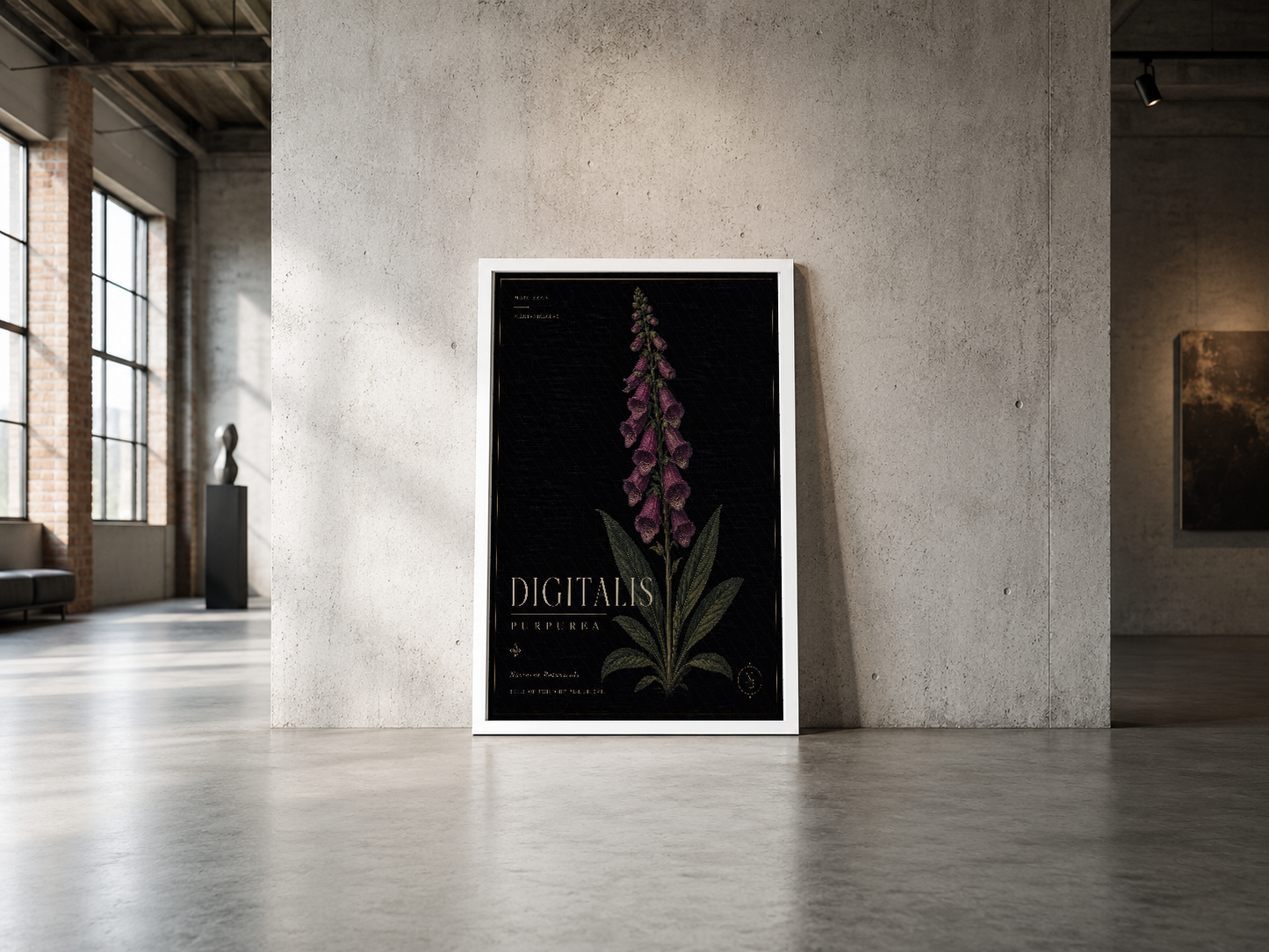 Şık bitki motifli siyah poster, beyaz çerçeveli, endüstriyel mekanda minimalist duvar sanatı.