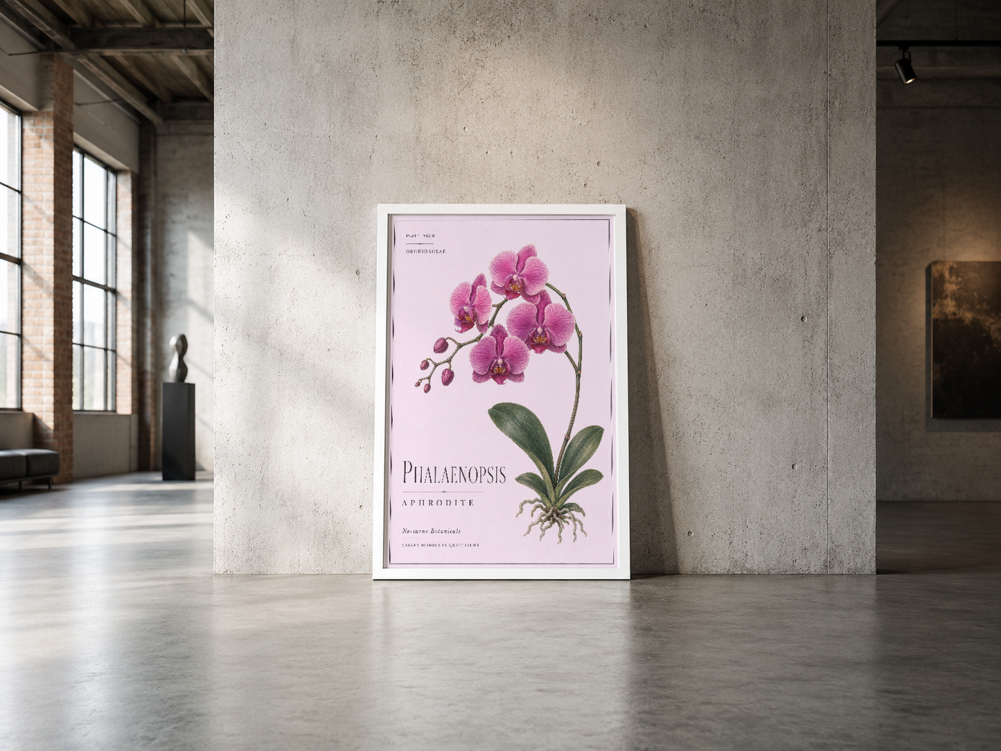 Pembe Phalaenopsis orkidesi illüstrasyonlu poster, beyaz çerçeve, endüstriyel boş mekan dekorasyonunda.