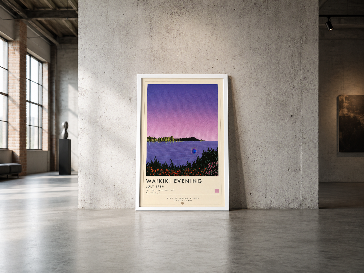 Waikiki Evening tablosu, endüstriyel betonlu alanda retro stil gün batımı manzarası ve doğa teması ile asılı.
