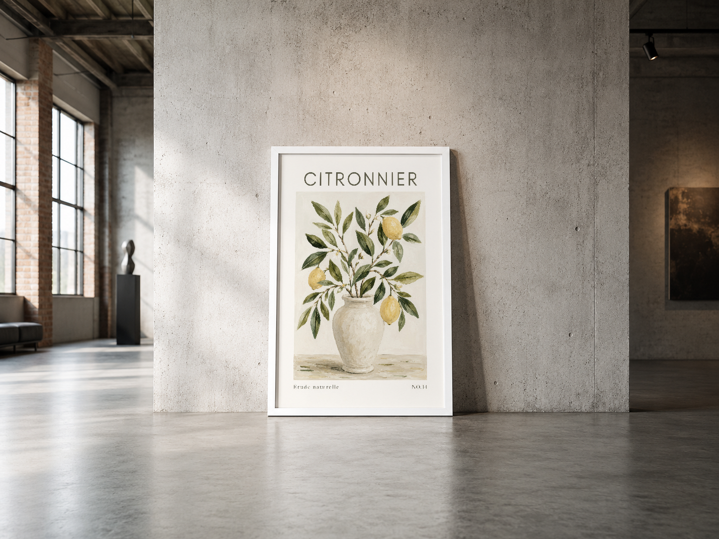 Vintage botanik tarzı limon ağacı posteri, beyaz çerçevede, endüstriyel loft dekorasyonu için ideal.