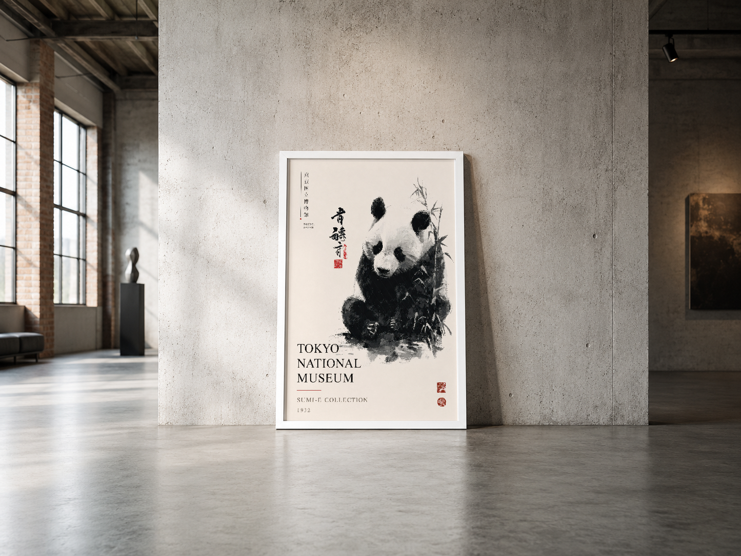 Industrial loft stilinde, beton duvarın karşısında beyaz çerçeveli Asya sanatı panda posteri sakinlik ve sofistikasyonu