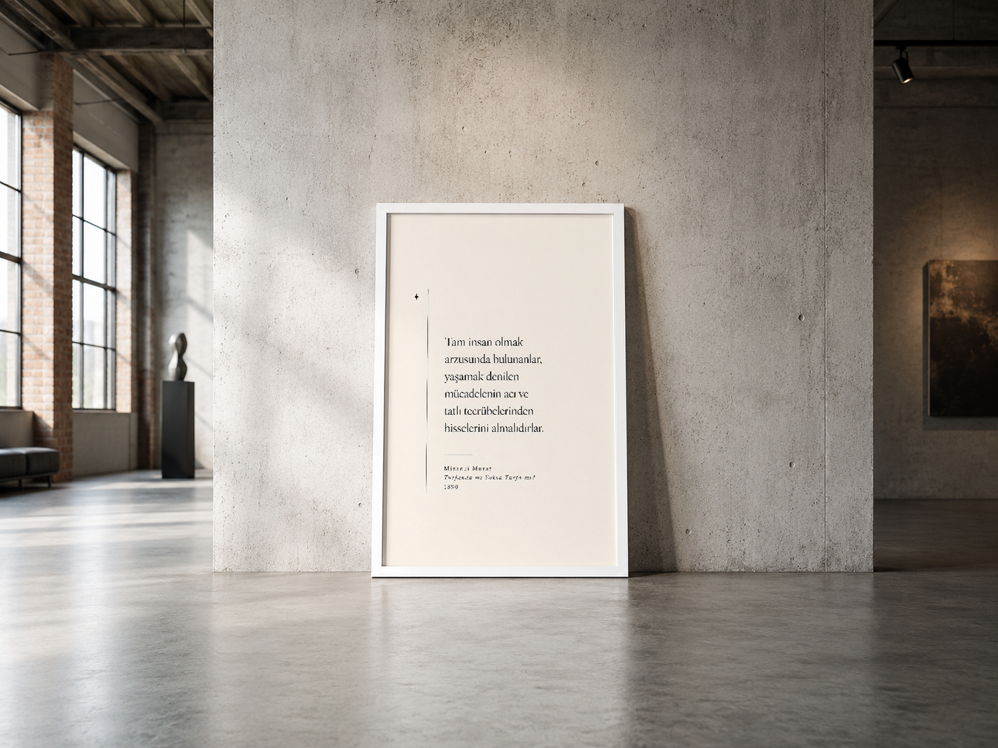 Beyaz çerçeveli edebiyat posteri, endüstriyel beton duvara asılı minimalist tasarım.