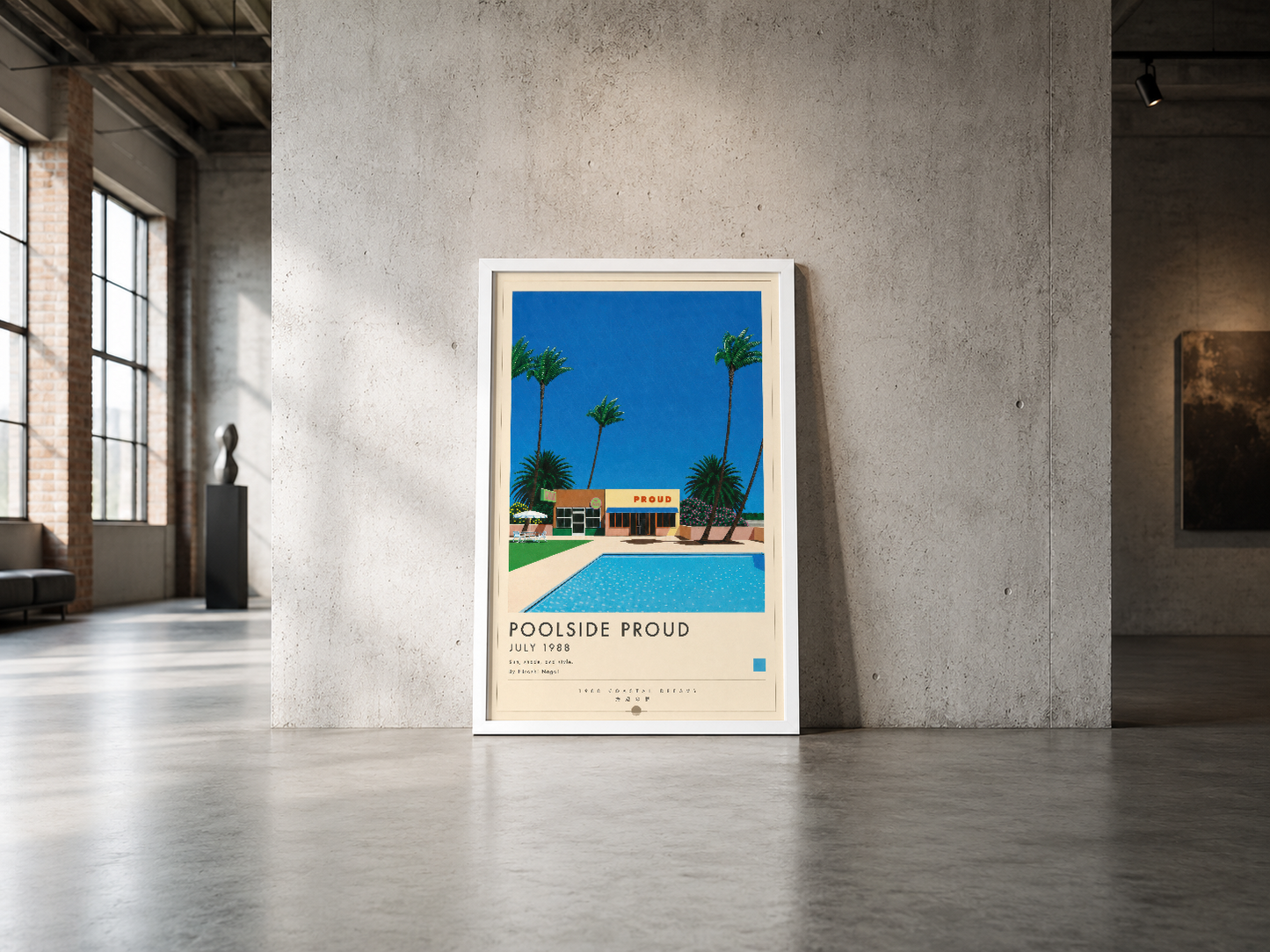 Mavi gökyüzü ve palmiye ağaçlarıyla süslenmiş vintage poolside tablosu, endüstriyel beton duvarla minimalist mekanı