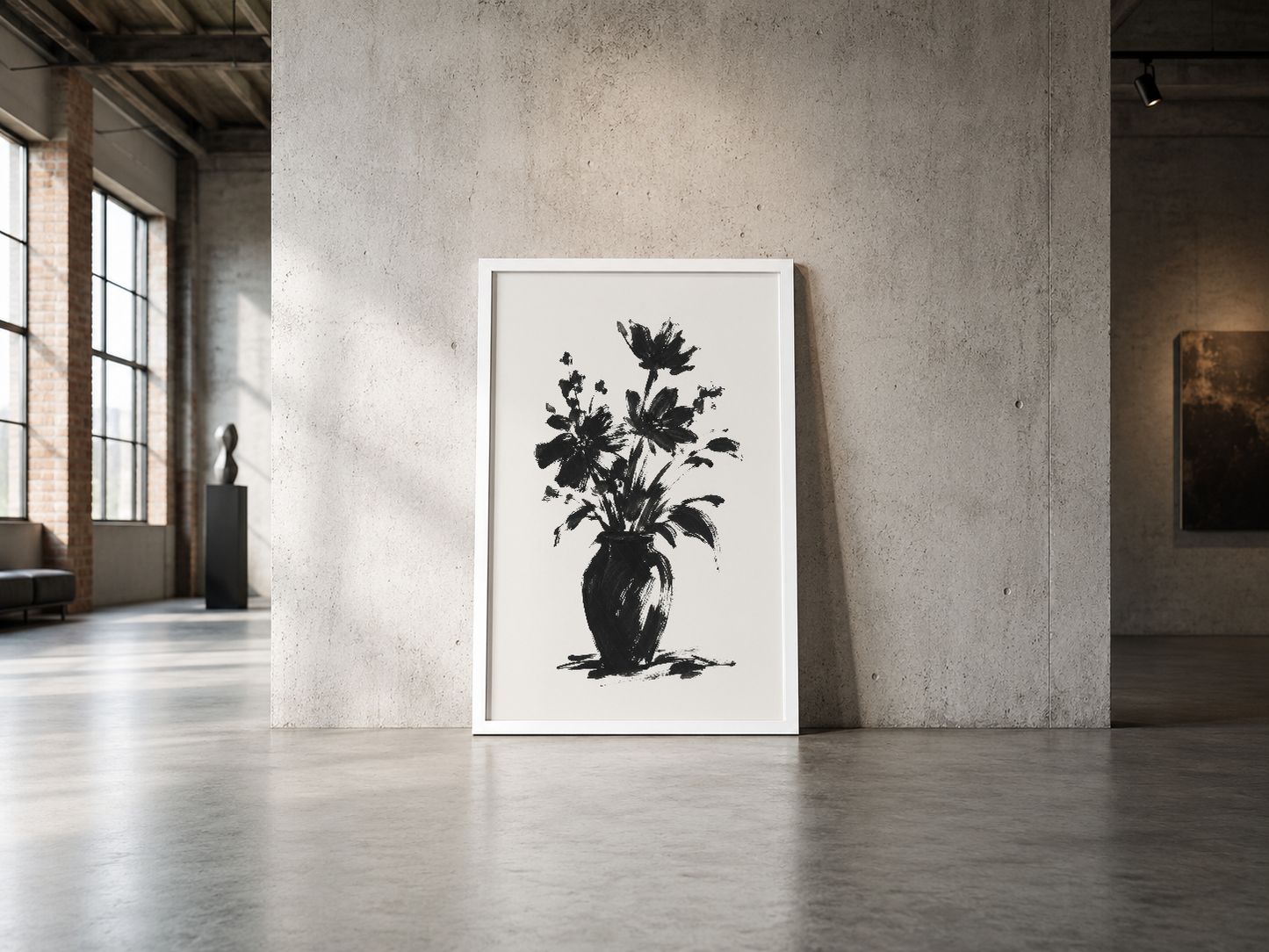 Minimalist siyah çiçek vazo tasarımı, beyaz çerçeveli poster, endüstriyel betonarme mekan duvarında.