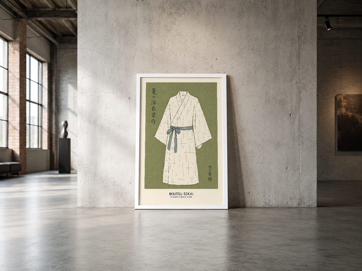 Minimalist Bijutsu Sekai posteri, endüstriyel mekanda beyaz çerçeve ile sergilenen japon sanat eseri.