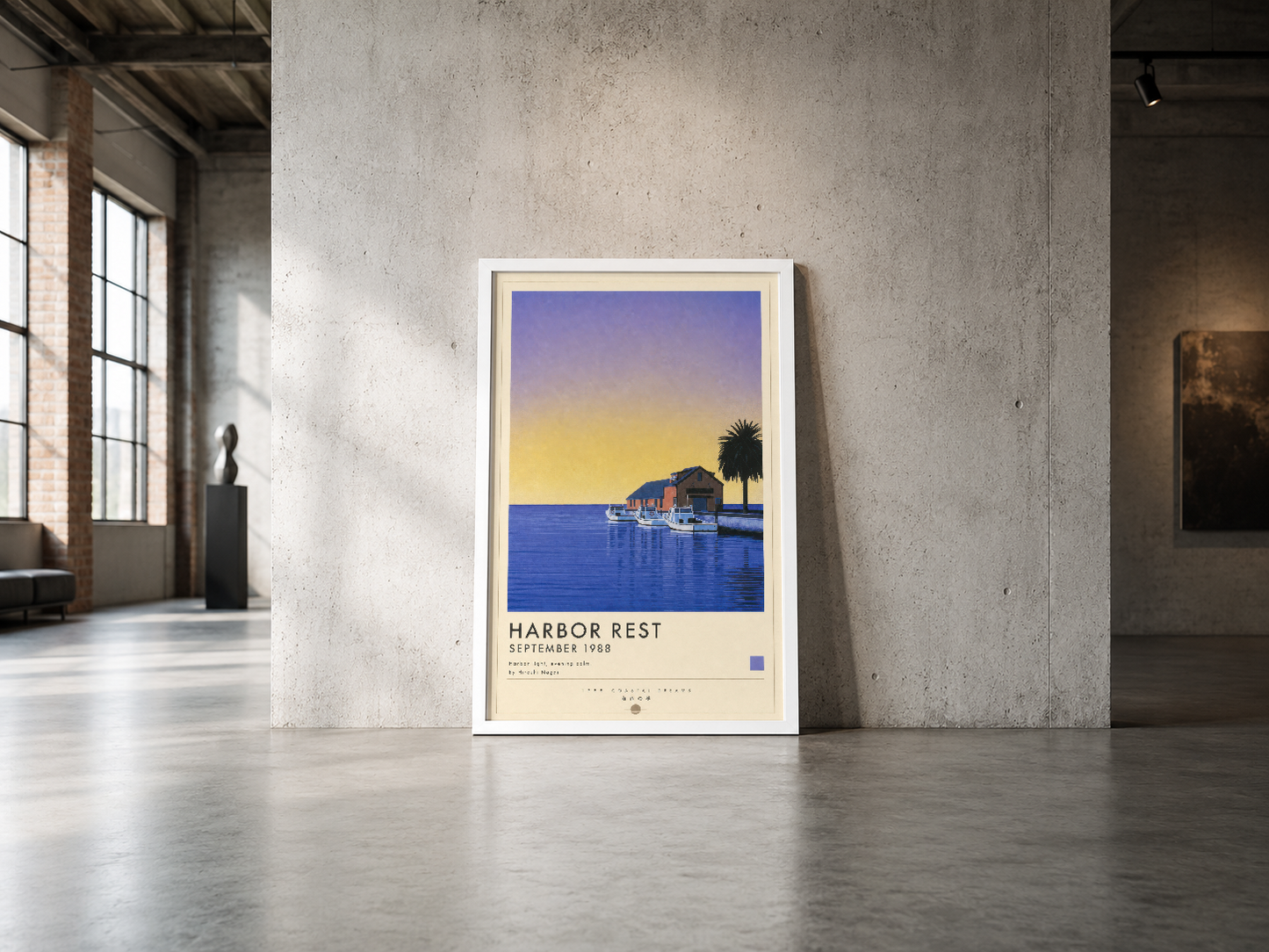 Vintage poster stilinde liman manzarası tablosu, endüstriyel mekan tasarımında özgür ve etkileyici görünüm sunuyor.
